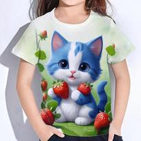 Viršutiniai drabužiai vaikams trumpomis rankovėmis Vasariniai kačių marškinėliai Mergaičių vaikiški drabužiai 3D spausdinimo marškinėliai Korėjos Kawaii marškinėliai nuo 10 iki 14 metų 100