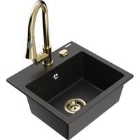 Vienguba granitinė plautuvė Mexen Milo su virtuvės maišytuvu Elia, Juoda/Auksinė metallic - 6505-75-670101-50