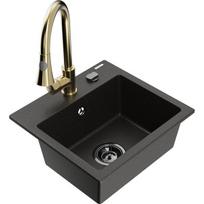 Vienguba granitinė plautuvė Mexen Milo su virtuvės maišytuvu Elia, Juoda/Auksinė metallic - 6505-75-670101-50-B