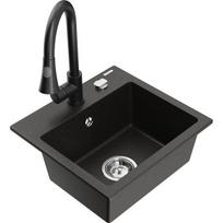 Vienguba granitinė plautuvė Mexen Milo su virtuvės maišytuvu Elia, Juoda/Auksinė metallic - 6505-75-670101-70