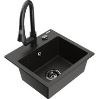 Vienguba granitinė plautuvė Mexen Milo su virtuvės maišytuvu Elia, Juoda/Auksinė metallic - 6505-75-670101-70-B