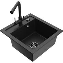 Vienguba granitinė plautuvė Mexen Vito su virtuvės maišytuvu Duero, Juoda/Sidabrinis metallic - 6503-73-671600-70-B