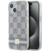 DKNY DKHMP14SHCPTSE iPhone 14 / 15 / 13 6.1" beige hard case with IML checkered mono pattern and printed stripes, MagSafe compatible