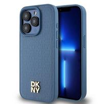 DKNY DKHMP15LPSHRPSB iPhone 15 Pro 6.1" blue hard case with leather monogram pattern, metal logo, and MagSafe