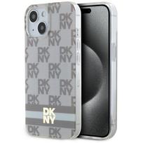 DKNY DKHMP15SHCPTSE iPhone 15 / 14 / 13 6.1" beige hard case with IML checkered mono pattern and printed stripes, MagSafe compatible