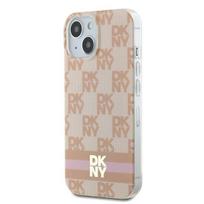 DKNY DKHMP15SHCPTSP iPhone 15 / 14 / 13 6.1" pink hard case with IML checkered mono pattern and printed stripes, MagSafe compatible