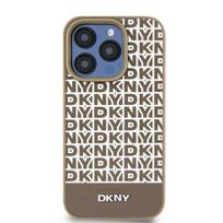 DKNY DKHMP15SPSOSPW iPhone 15 / 14 / 13 6.1" brown hard case with leather printed pattern, metal logo, and MagSafe compatibility