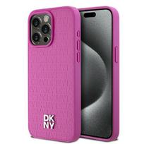 DKNY DKHMP15XPSHRPSP iPhone 15 Pro Max 6.7" pink hard case with leather monogram pattern, metal logo, and MagSafe