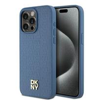 DKNY DKHMP15XPSHRPSB iPhone 15 Pro Max 6.7" blue hard case with leather monogram pattern, metal logo, and MagSafe
