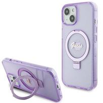 GUESS GUHMP15MHRSGSU iPhone 15 Plus / 14 Plus 6.7" purple hard case with ring stand, glitter, and MagSafe compatibility