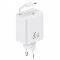 USAMS Network charge. 1xUSB-C with retractable cable, USB-C retractable PD+QC 20W Gan fast charging, white/white, YC Series CC233TC02 (US-CC233)