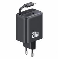 USAMS Network charge. 1xUSB-C with retractable cable, USB-C retractable PD+QC 20W Gan fast charging, black/black, YC Series CC233TC01 (US-CC233)
