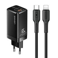 USAMS Neat. network. MT 2xUSB-C+USB GaN 65W T33 PD + USB-C-Lightning cable 30W Fast Charging black MTXLOGTL01