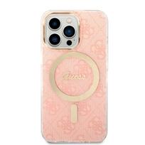 GUESS Case GUBPP13LH4EACSP + Charger, iPhone 13 Pro, pink hard case, 4G Print, MagSafe