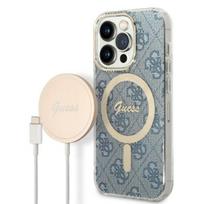 GUESS Case GUBPP14LH4EACSB+Charger iPhone 14 Pro 6.1" Blue/Navy Hard Case 4G Print MagSafe