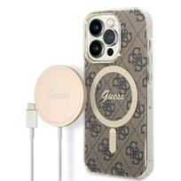 GUESS Case GUBPP14LH4EACSW + Charger for iPhone 14 Pro 6.1" brown hard case with 4G Print and MagSafe