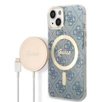 GUESS Case GUBPP14SH4EACSB + Charger for iPhone 14 / 15 / 13 6.1" blue hard case with 4G Print and MagSafe