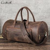CONTACT'S Genuine Leather Men's Travel Bag Vintage Crazy Horse Leather Luggage Bag Large Capacity Business Trip Handbag kava