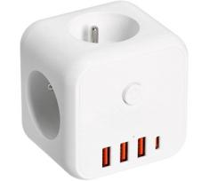 Kištukinio lizdo skirstytuvas su jungikliu LINEA 3x230V + 4xUSB A/C balta