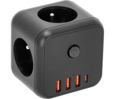 Kištukinio lizdo skirstytuvas su jungikliu LINEA 3x230V + 4xUSB A/C juoda