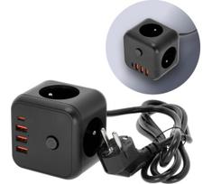 Prailginimo laidas kubas su jungikliu LINEA 3x230V + 4xUSB A/C juoda