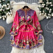 Spring Autumn Women Vintage Designer Print Runway Dress Lantern Sleeve Stand Collar Party Dresses With Belt M rožinė raudona spalva