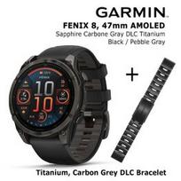GARMIN Fenix 8 47 mm, AMOLED, Sapphire Carbon + Titanium Bracelet Carbon Grey DLC, QuickFit 22mm sportinis laikrodis 010-02904-21 / 010-12863-09