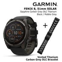 GARMIN Fenix 8 51 mm, Solar, Sapphire Carbon + Vented Titanium Bracelet Carbon Gray DLC sportinis laikrodis 010-02907-11 / 010-12864-09
