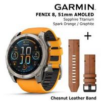 GARMIN Fenix 8 51 mm, AMOLED, Sapphire Titanium + Chesnut Leather Band sportinis laikrodis 010-02905-11 / 010-12864-05