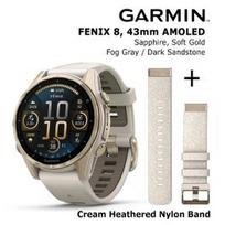 GARMIN Fenix 8 43 mm, AMOLED, Sapphire Soft Gold + Cream Heathered Nylon Band sportinis laikrodis 010-02903-11 / 010-13102-07