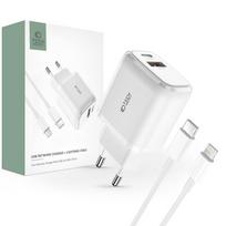 Laidinis įkroviklis 20W USB-C PD + USB QC3.0 + Kabelis 1m USB-C – Lightning Tech-Protect C65W baltos spalvos