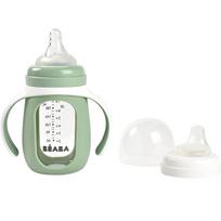 BEABA MOKOMASIS STIKLINIS BUTELIUKAS-GERTUVĖ 2IN1, 210 ML, SAGE GREEN, SILIKONINIAME DĖKLE
