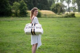 CHILDHOME DIDELIS MAMOS REIKMENŲ KREPŠYS MOMMY BAG, OFF WHITE STRIPES BLACK/GOLD