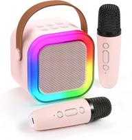 Muzikinis centras Karaoke aparatas vaikams suaugusiems, mini karaokės aparatas su 2 belaidžiais mikrofonais LED lemputėmis, geriausi dovanos žaislai mergaitėms ir berniukams rožinės spalvos