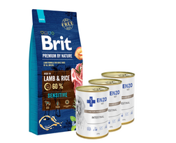 BRIT Premium By Nature Sensitive ėriena 15kg + 3x ENZO VET Žarnyno dieta šunims su ėriena 400g