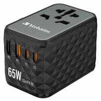 Verbatim EU/UK/US travel adapter, GaN, 2xUSB-A/2xUSB-C, PD 65W, UTA-05, black/black, 32120