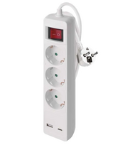Ilgiklis EMOS, 3 lizdai, + 1× USB-A , 1× USB-C, jungtukas, baltos sp.