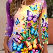 Plus Size Butterflies Print T-shirt - Women's Casual Long Sleeve Crew Neck Top for Spring and Fall 3XL beige