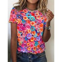 Gėlėto rašto apvalios apykaklės marškinėliai, laisvalaikio trumpomis rankovėmis viršutinė dalis pavasariui ir vasarai, moteriški drabužiai S pink