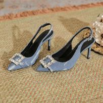 Moteriški Seksualūs Mėlyni Džinsiniai Rhinestone Aukštakulniai Vasariniai Korėjietiški Mados Sandalai Smailus Pirštas Ploni Kulniukai Siurbliai Šventinės Suknelės Atsitiktiniai Batai 34