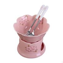 Ceramic Fondue Set for Melting Chocolate and Cheese with Forks Pink bowl_White pot