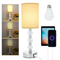 Luxury Crystal Bedside Table Lamp Bedroom Nightstand Lamp with 3000K Warm Light Bulb Fabric US Plug No AC Socket