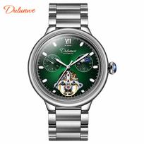 Dulunwe Men's Automatic Mechanical Watches Hollow Skeleton Tourbillon Watch Moon Phase Watch for Men Big Dial Stainless Steel Men Watches sidabras/žalia