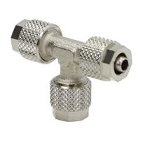 T tipo susuktas trišakis, 6x4 mm skersmens žarnai, nikeliuotas žalvaris