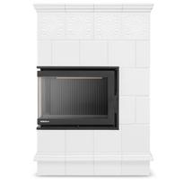 Plytelėmis dengtas židinys su kampiniu ketaus įdėklu - PORTO 13 KW Baltas