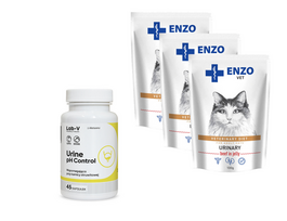 ENZO VET šlapalas su jautiena želė katėms 3x100g + LAB-V Šlapimo pH kontrolė 45 kapsulės