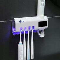 Dantų šepetėlio laikiklis su UV sterilizatoriumi ir dantų pastos dozatoriumi, tvirtinamas prie sienos