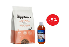 Applaws Adult Chicken with Extra Salmon sausas kačių maistas 7,5 kg  + LAB V Lašišų aliejus šunims ir katėms 500ml