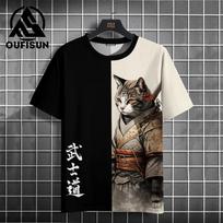 Men's T-Shirt Cartoon Cat Graphic Japanese Samurai Print Casual Pullover For Men Top Loose Short Sleeve Tees Men's Clothing Tops S