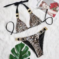 S - XL Blizgantis deimantinis leopardinis bikini moteriškas maudymosi kostiumas moteriški maudymosi drabužiai dviejų dalių bikini komplektas su kaklu maudymosi kostiumas maudymosi XL leopardas